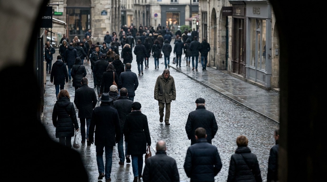 Passants anonymes marchant dans une rue européenne animée