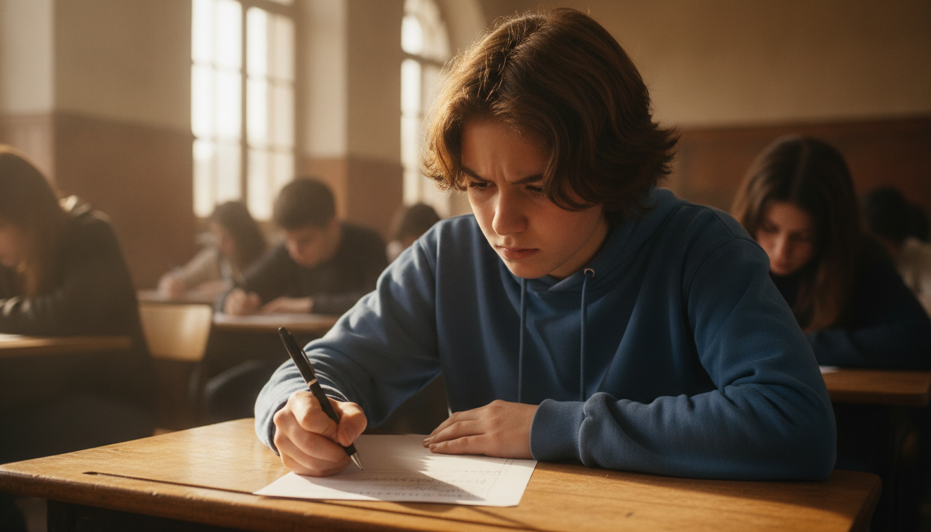 Adolescent concentré pendant une dictée au brevet