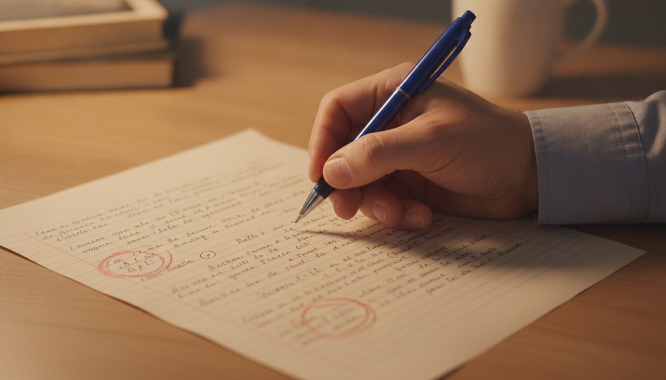 Main adulte corrigeant des fautes d'orthographe sur une dictée