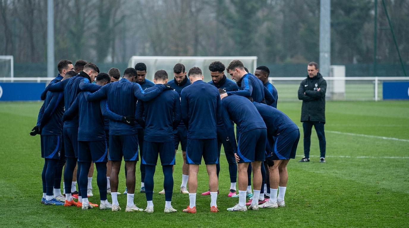 Joueurs en maillot bleu tête baissée sur terrain d'entraînement