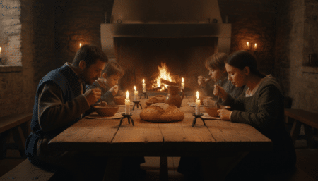 Famille médiévale française mangeant une soupe à la lueur des bougies