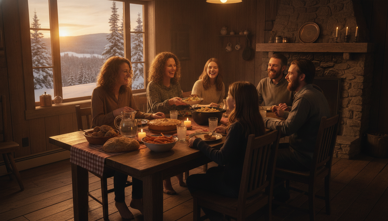 Famille québécoise réunie autour du souper dans une cuisine chaleureuse