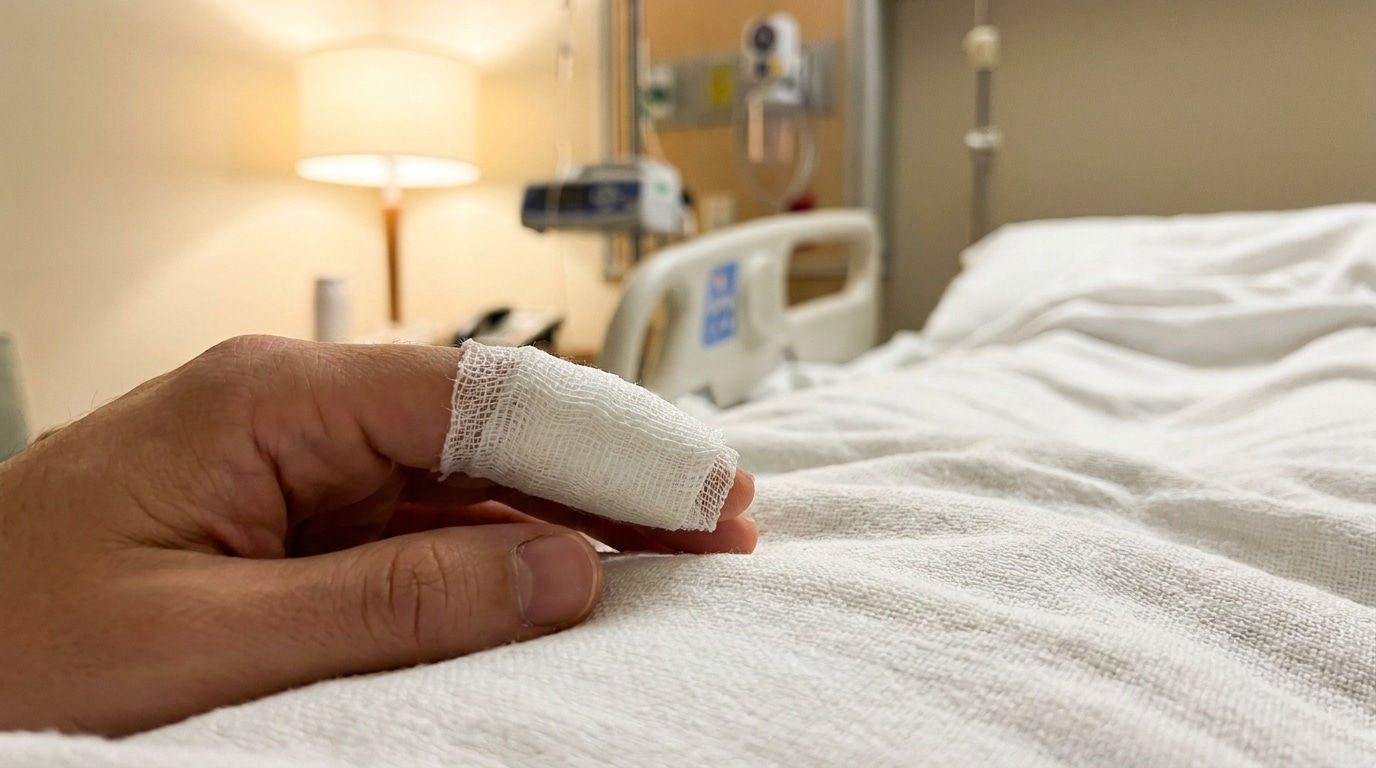 Doigt bandé posé sur des draps blancs d'hôpital