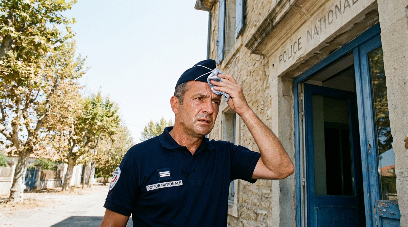 Policier devant un commissariat en pleine chaleur estivale
