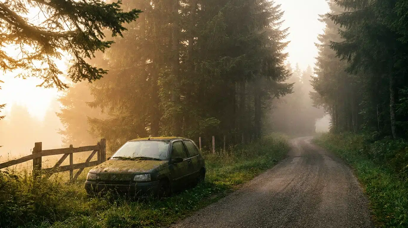 Voiture abandonnée en lisière de forêt du Haut-Doubs