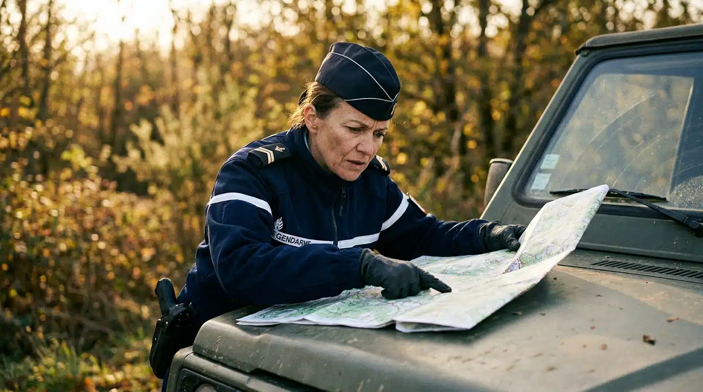 Gendarme étudiant une carte lors de recherches en zone rurale