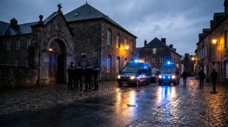 Véhicules de gendarmerie devant un collège dans une petite ville française
