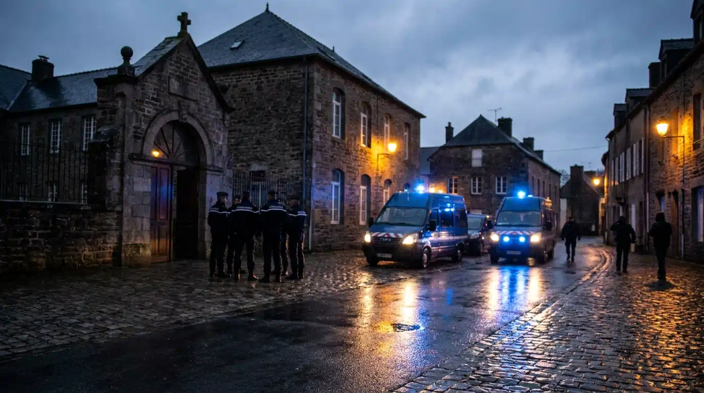Véhicules de gendarmerie devant un collège dans une petite ville française