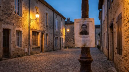Rue déserte d'un village du Gers au crépuscule