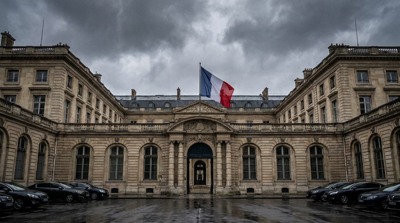 Façade du ministère de l'Intérieur à Paris sous ciel nuageux