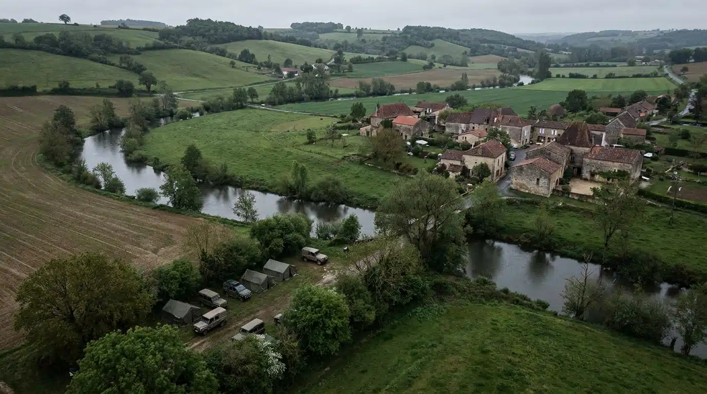 Vue aérienne de la campagne gersoise avec zone de recherche