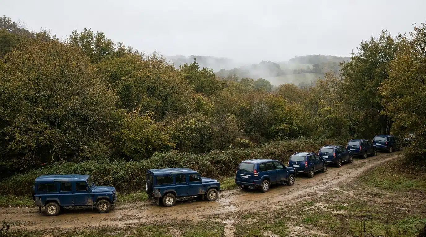 Véhicules de gendarmerie stationnés en lisière de forêt rurale
