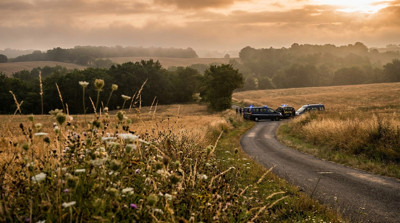 Route de campagne du Gers barrée par des véhicules de gendarmerie