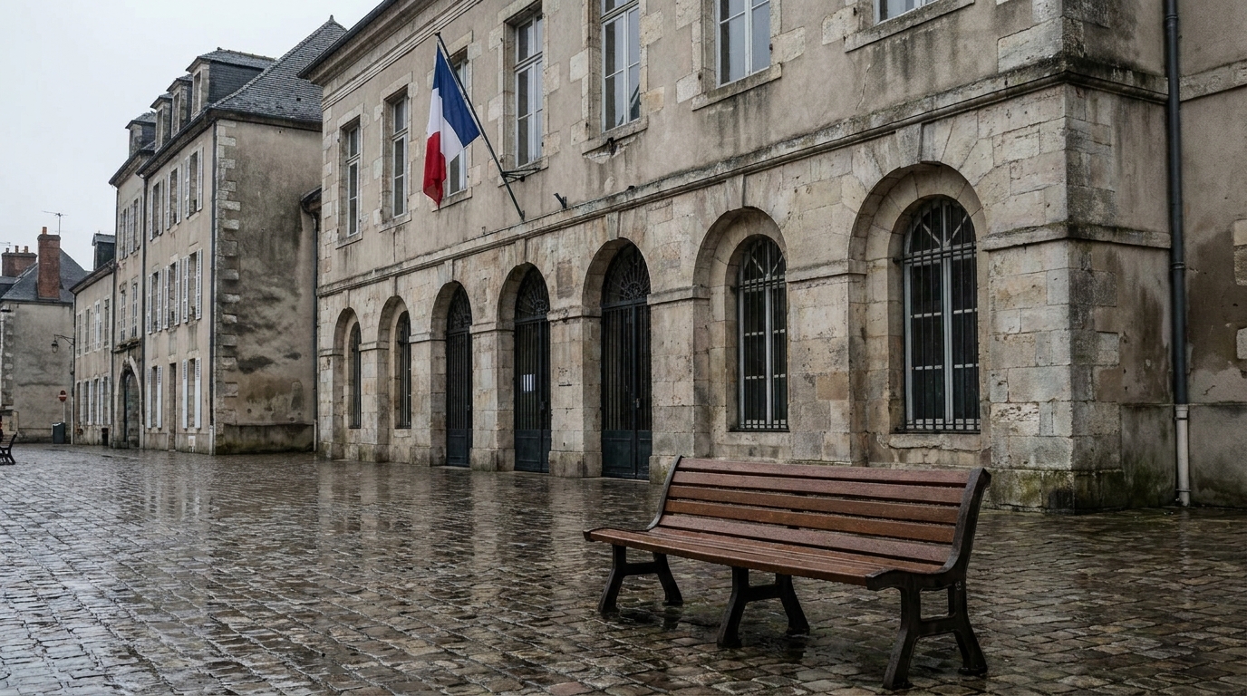 Façade d'un palais de justice français sous un ciel couvert