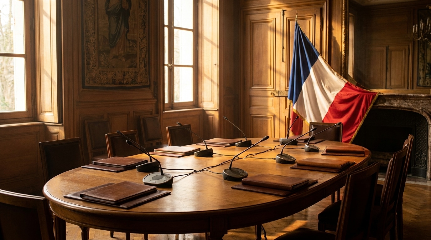 Salle de réunion officielle avec drapeaux et micros