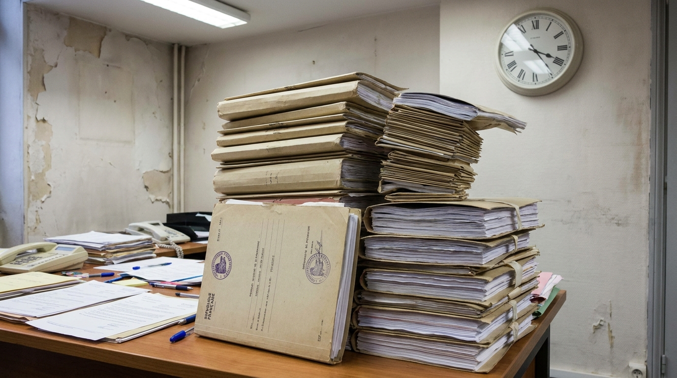 Dossiers administratifs empilés sur un bureau de parquet