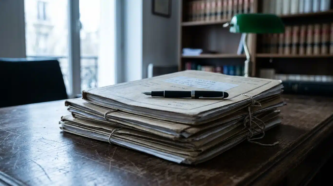 Dossiers judiciaires empilés sur un bureau en bois