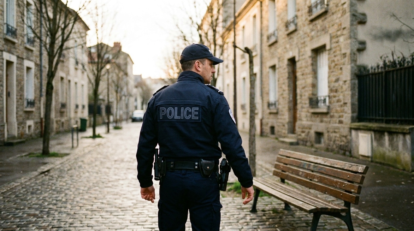 Policier en uniforme patrouillant dans une rue calme