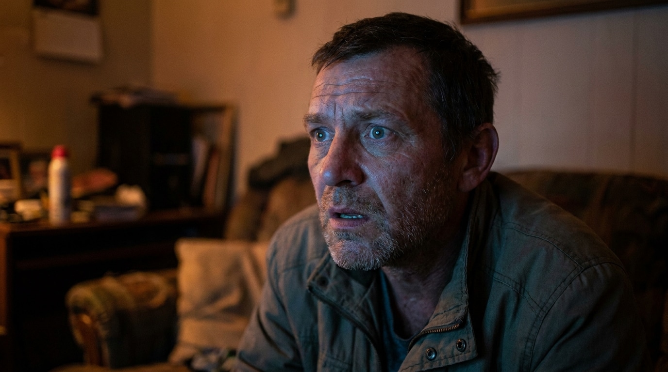 Homme choqué devant un écran de télévision dans la pénombre