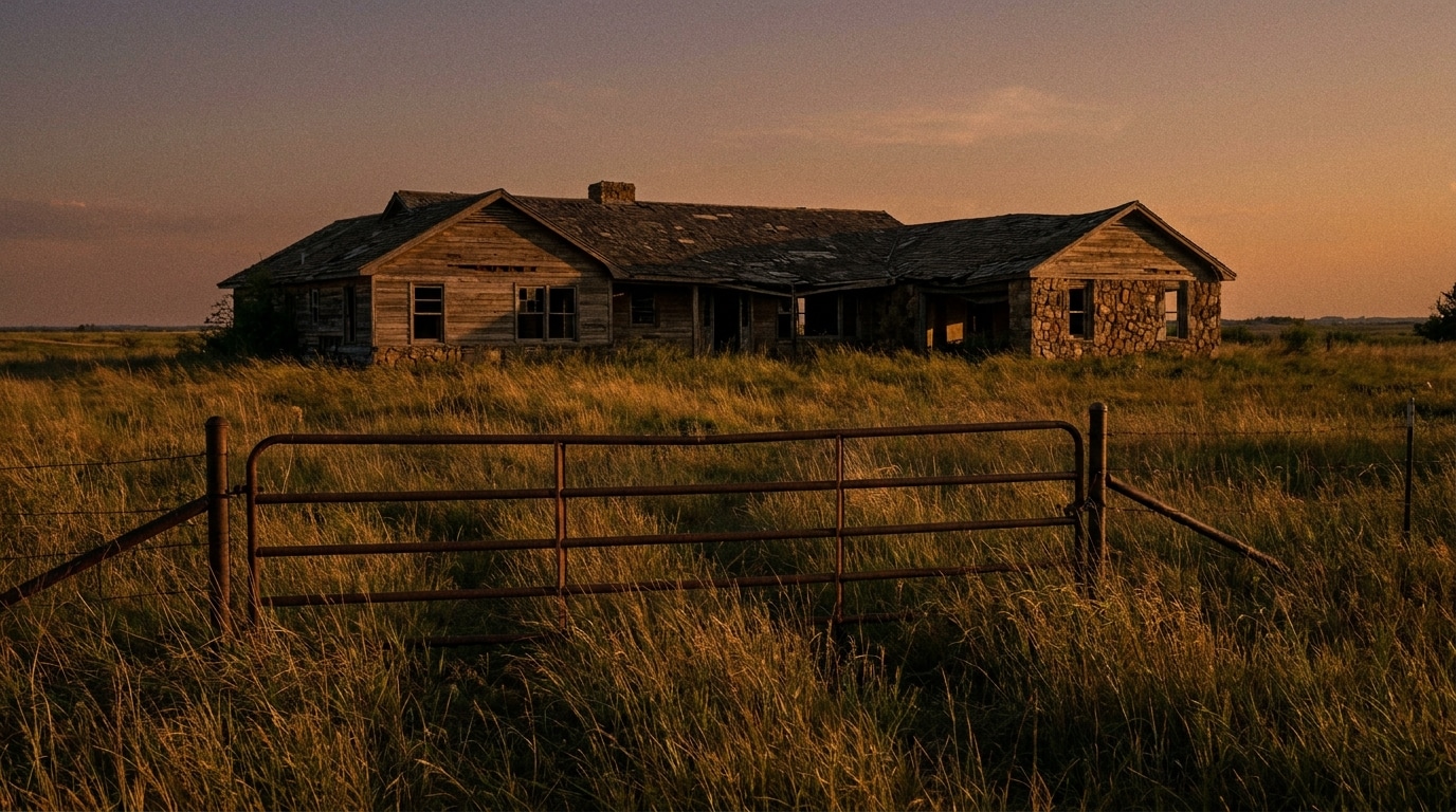 Ranch abandonné au crépuscule avec portail rouillé et herbes hautes