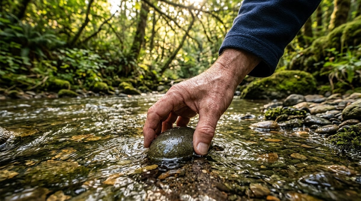 Doigts fripés attrapant un galet mouillé dans un ruisseau