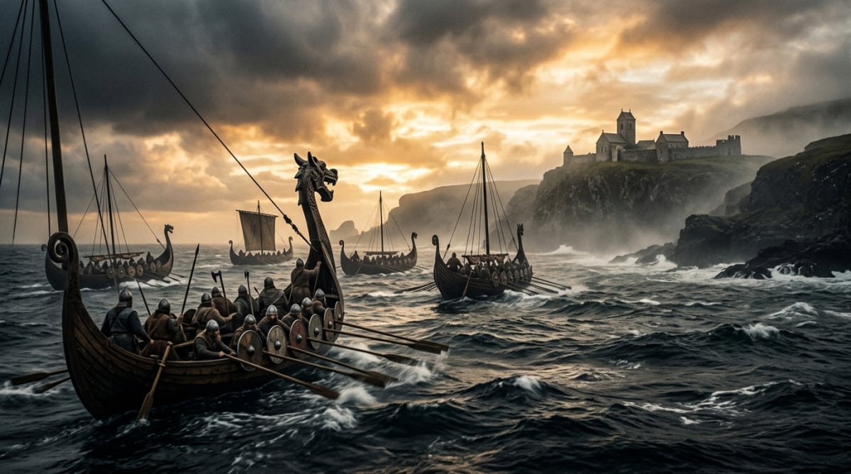 Drakkars vikings approchant un monastère côtier à l'aube