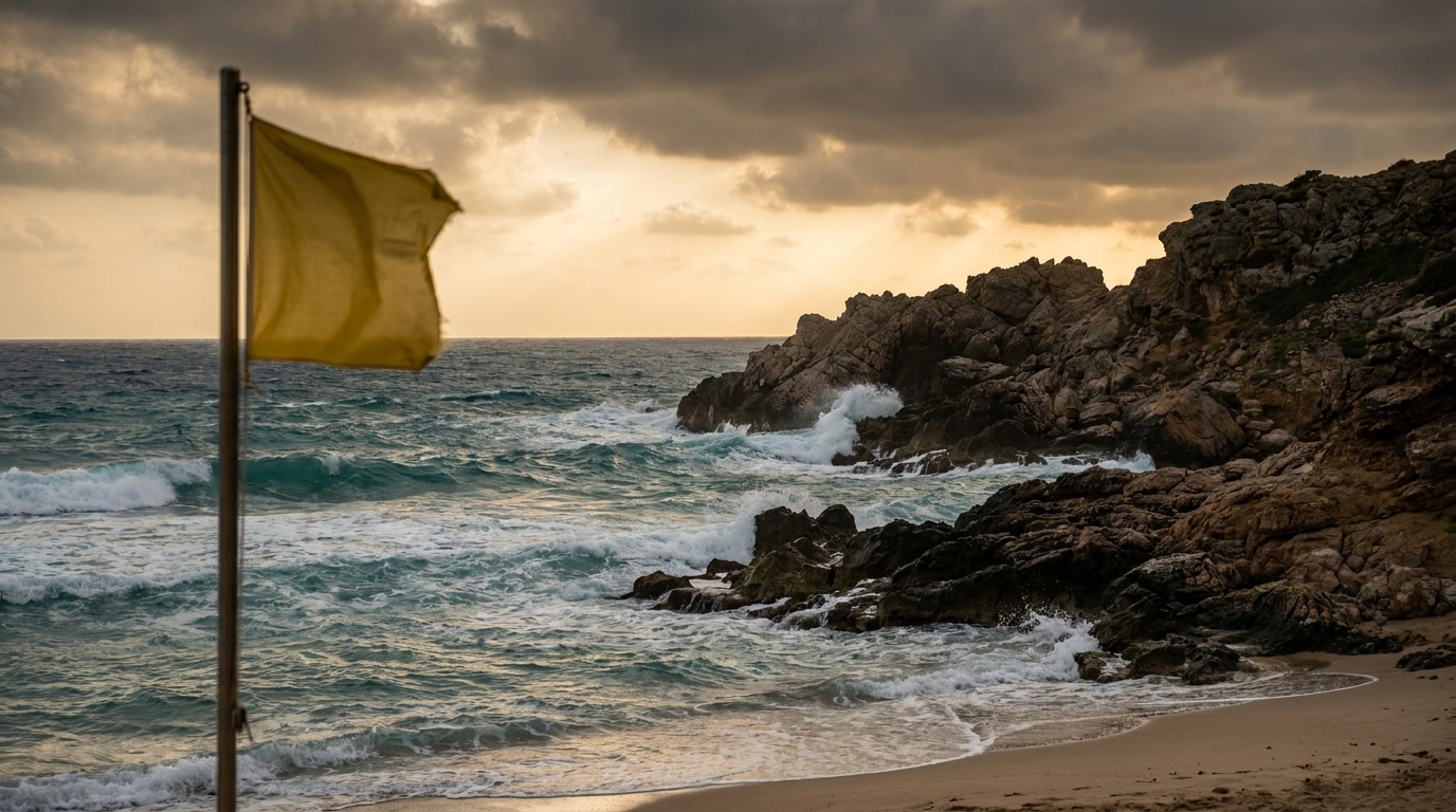 Drapeau jaune sur une plage rocheuse avec vagues fortes