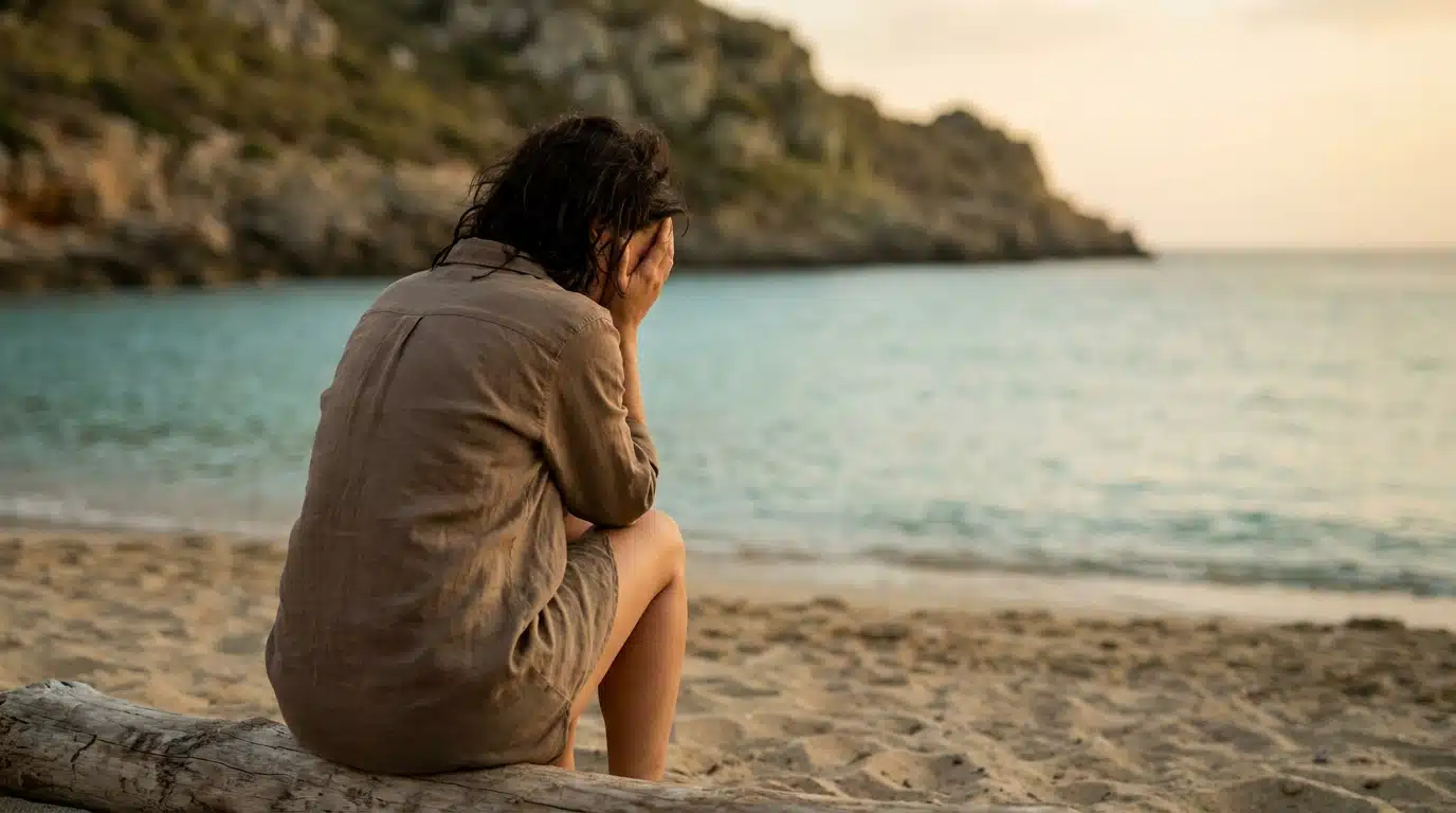 Femme assise seule sur une plage regardant la mer