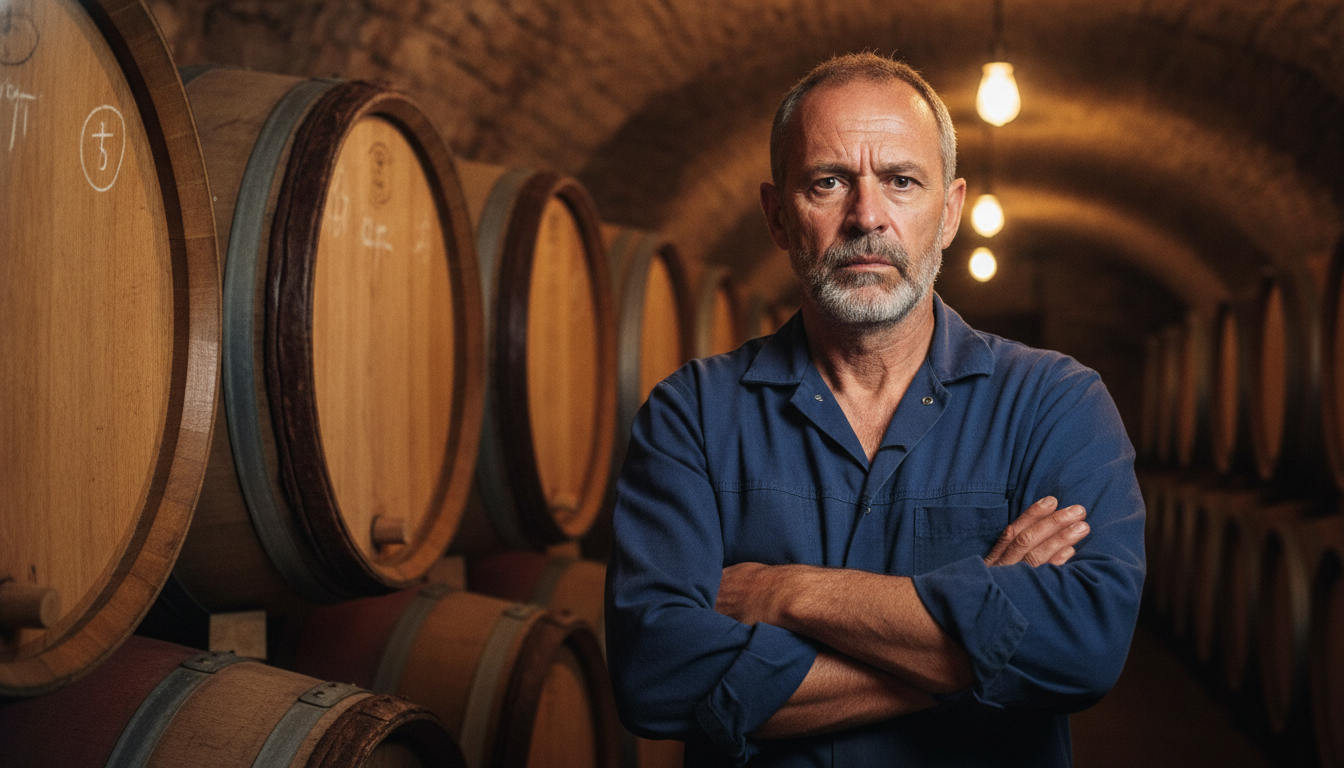 Viticulteur français inquiet devant ses tonneaux de vin