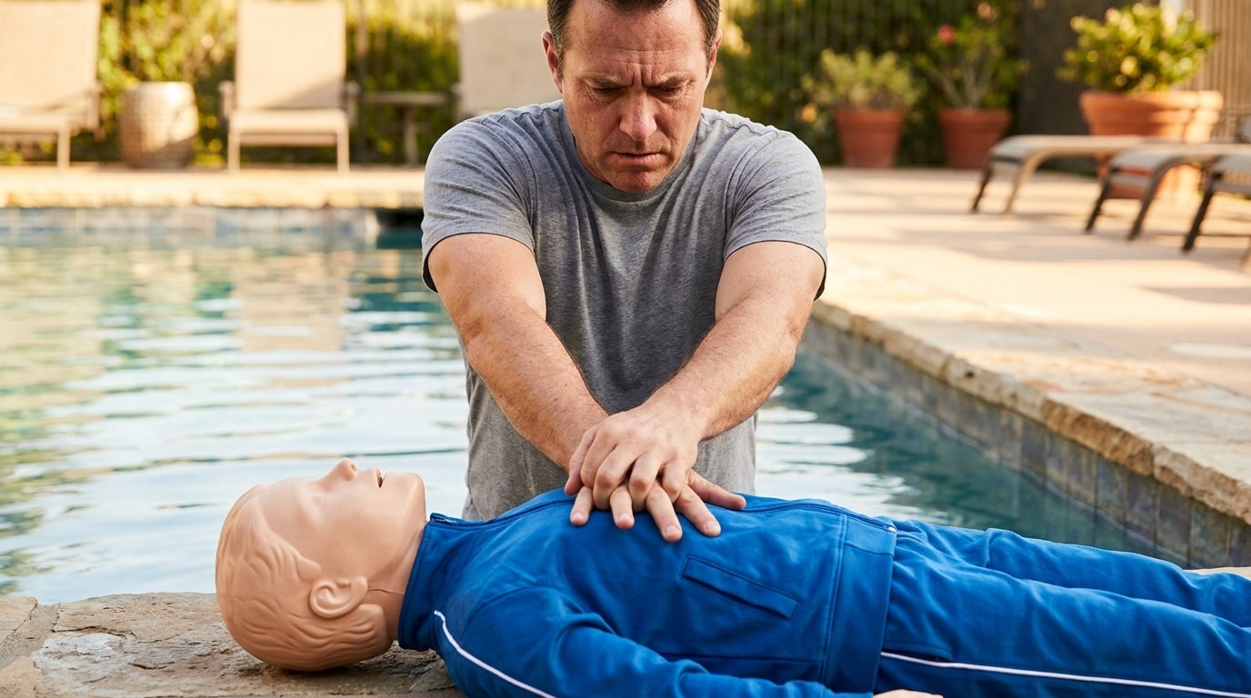 Homme pratiquant un massage cardiaque au bord d'une piscine