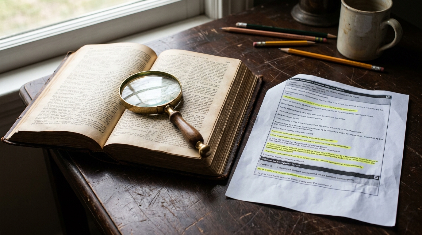 Bible ancienne ouverte avec loupe et pages de forum imprimées