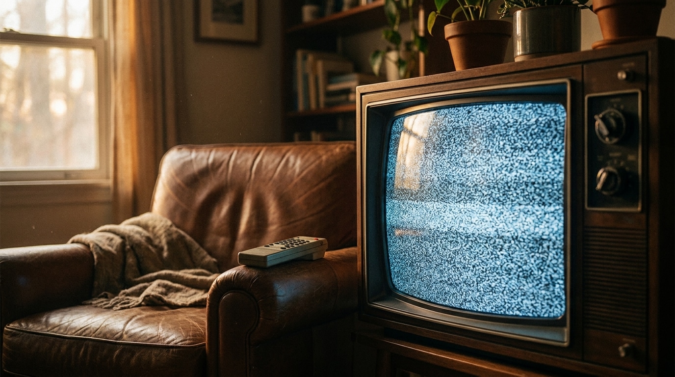 Téléviseur vintage affichant de la neige dans un salon sombre