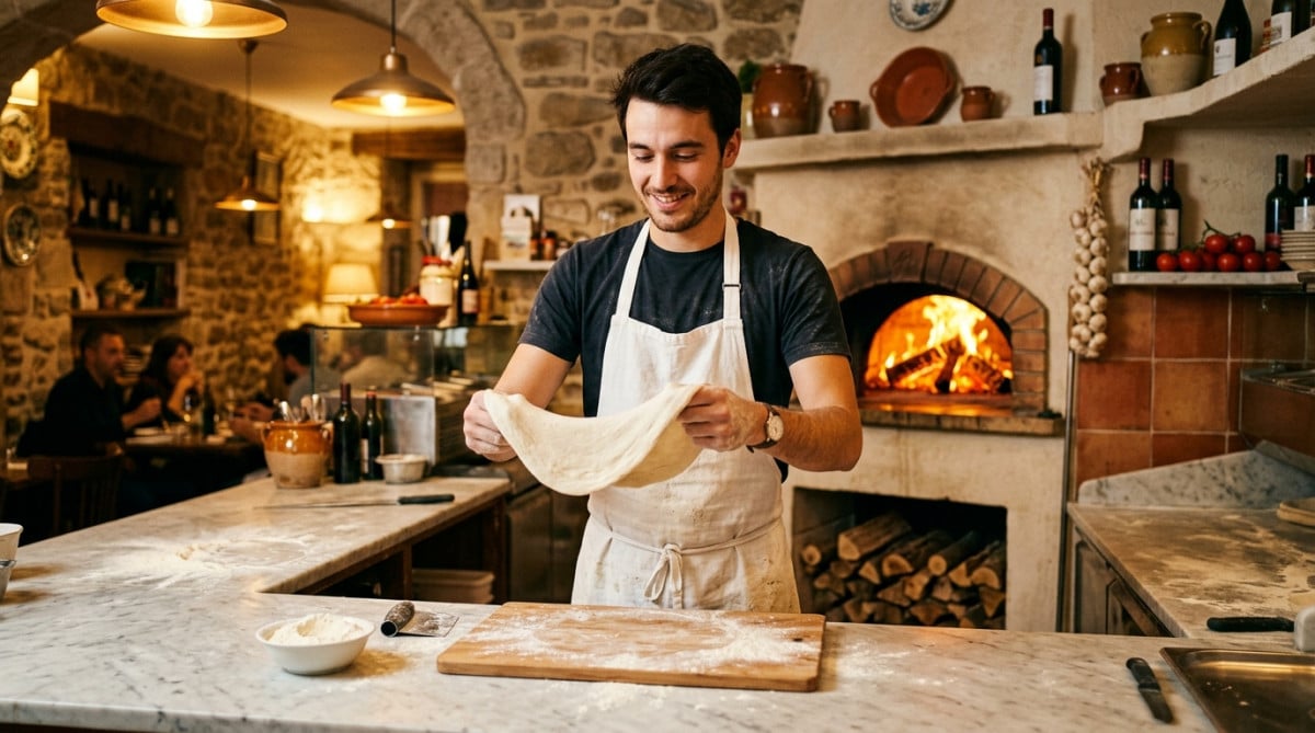 Dylan pizzaïolo prépare une pizza dans sa pizzeria à Perpignan