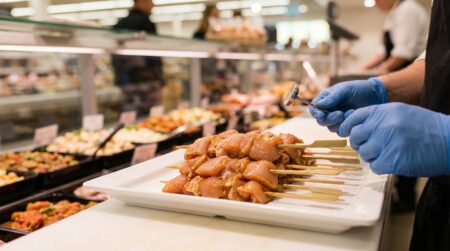 Brochettes de poulet crues sur plateau en supermarché
