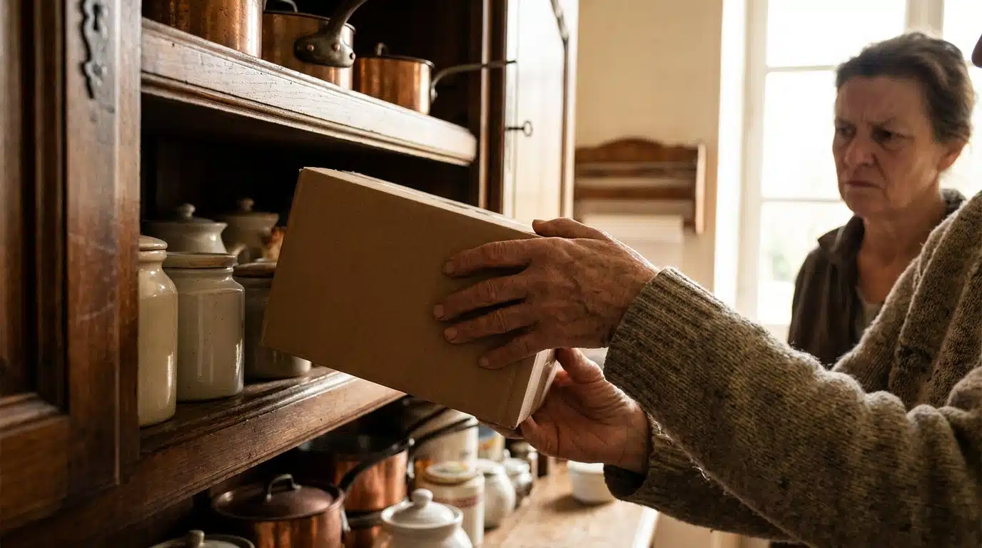 Mains sortant un produit alimentaire d'un placard de cuisine