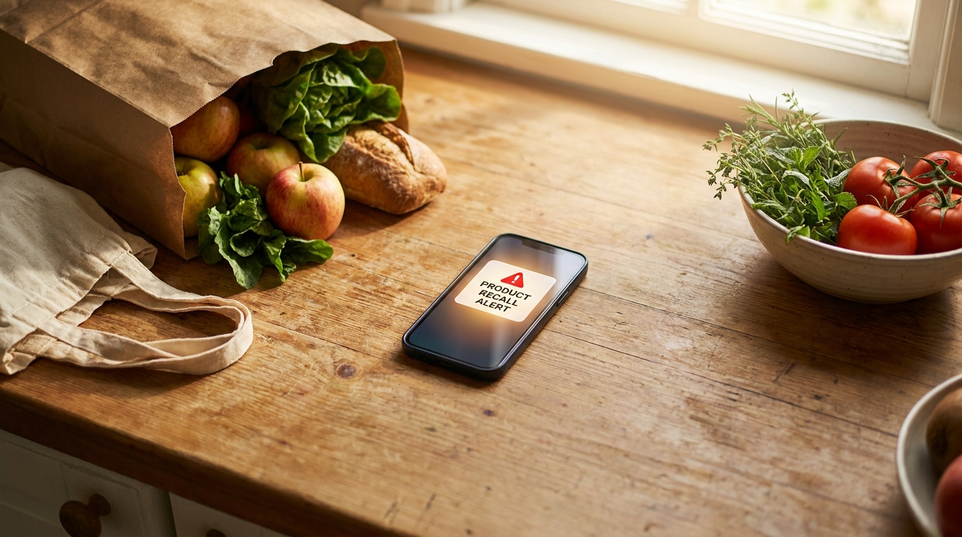 Smartphone affichant une alerte rappel produit sur un plan de travail