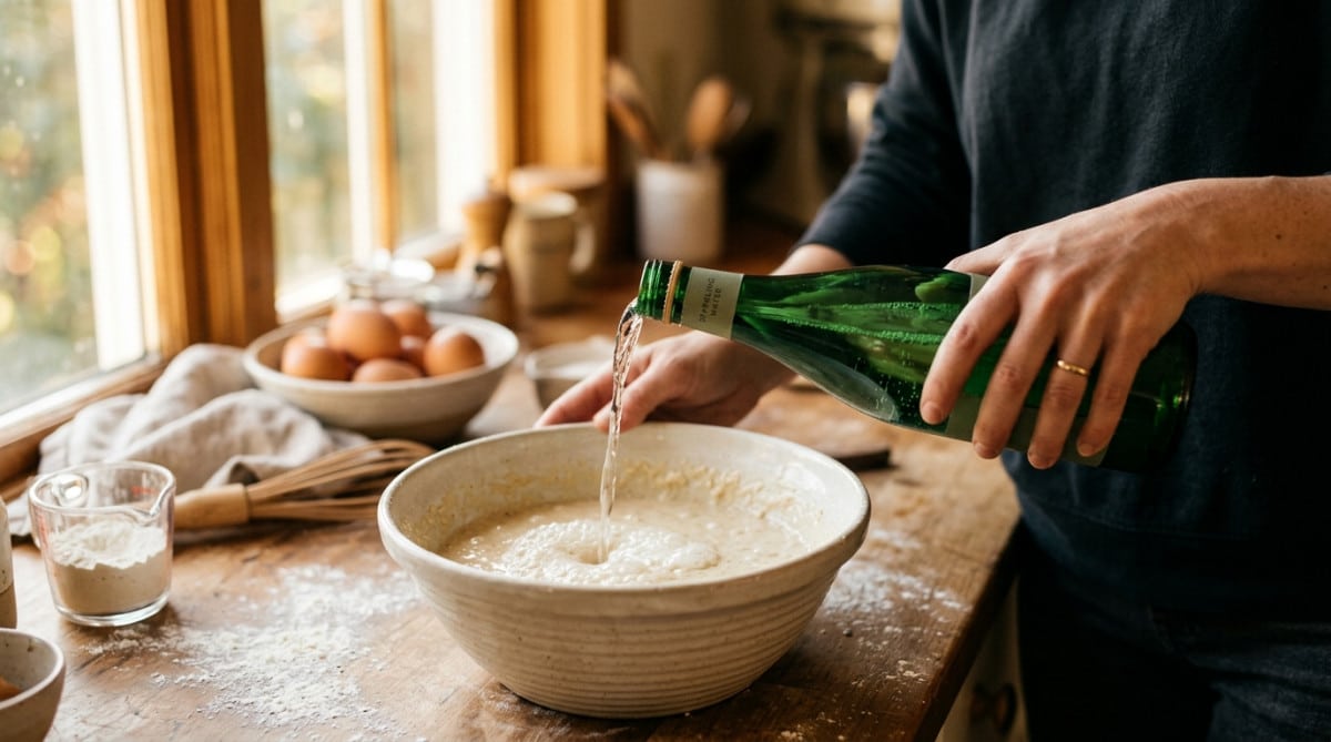 Eau gazeuse versée dans une pâte à crêpes