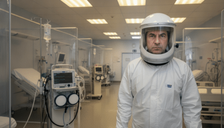 Médecin en combinaison de protection dans un service d'isolement