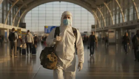Médecin humanitaire en tenue de protection à l'aéroport