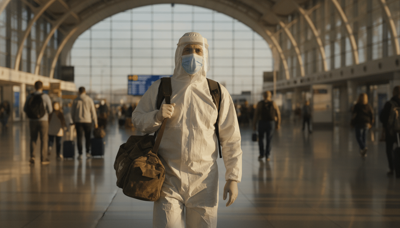 Médecin humanitaire en tenue de protection à l'aéroport