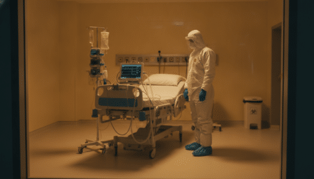 Chambre d'isolement hospitalière avec soignant en tenue de protection