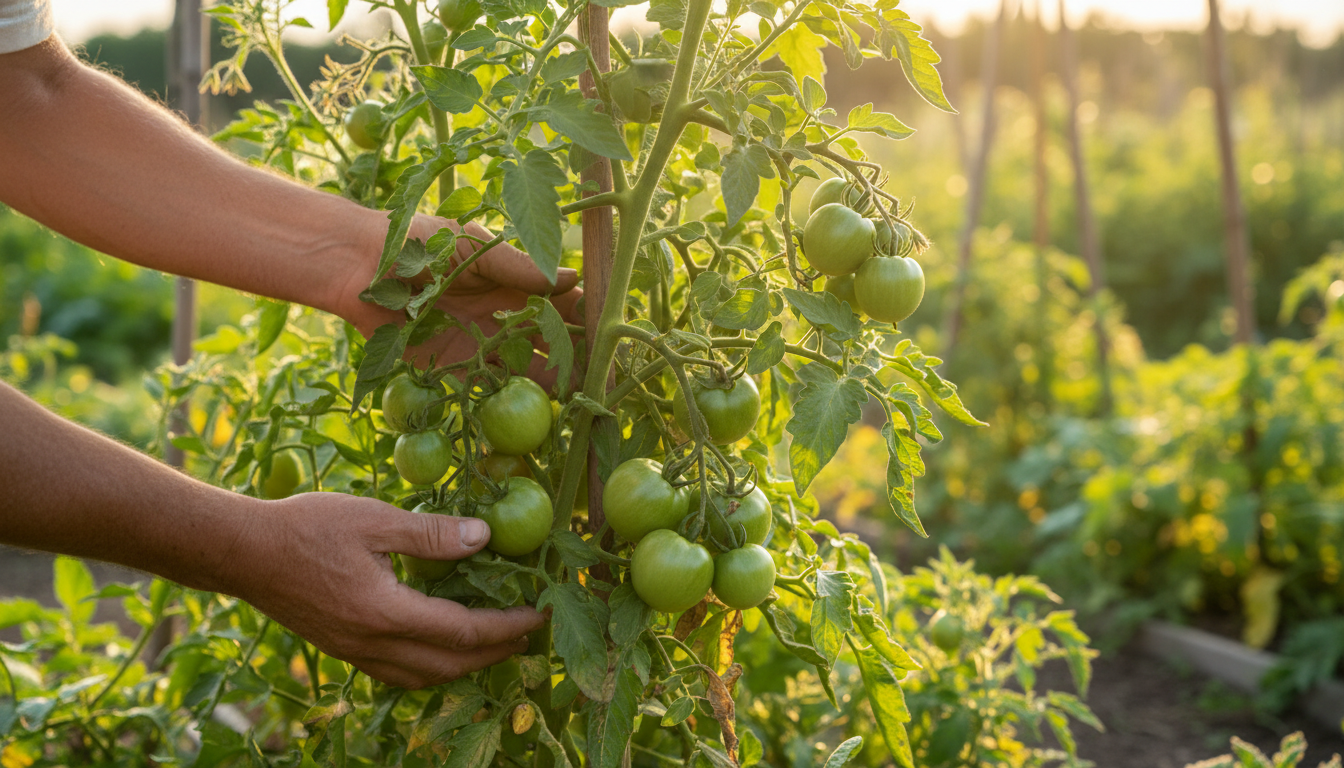 Jardinier inspectant un pied de tomate en juin au potager