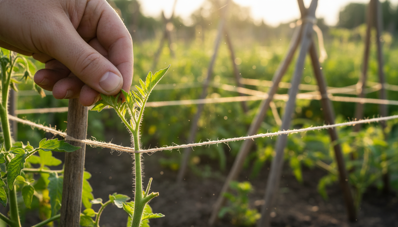 Main pinçant un gourmand de tomate au potager en été