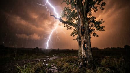 Éclair de foudre frappant un arbre isolé dans un champ