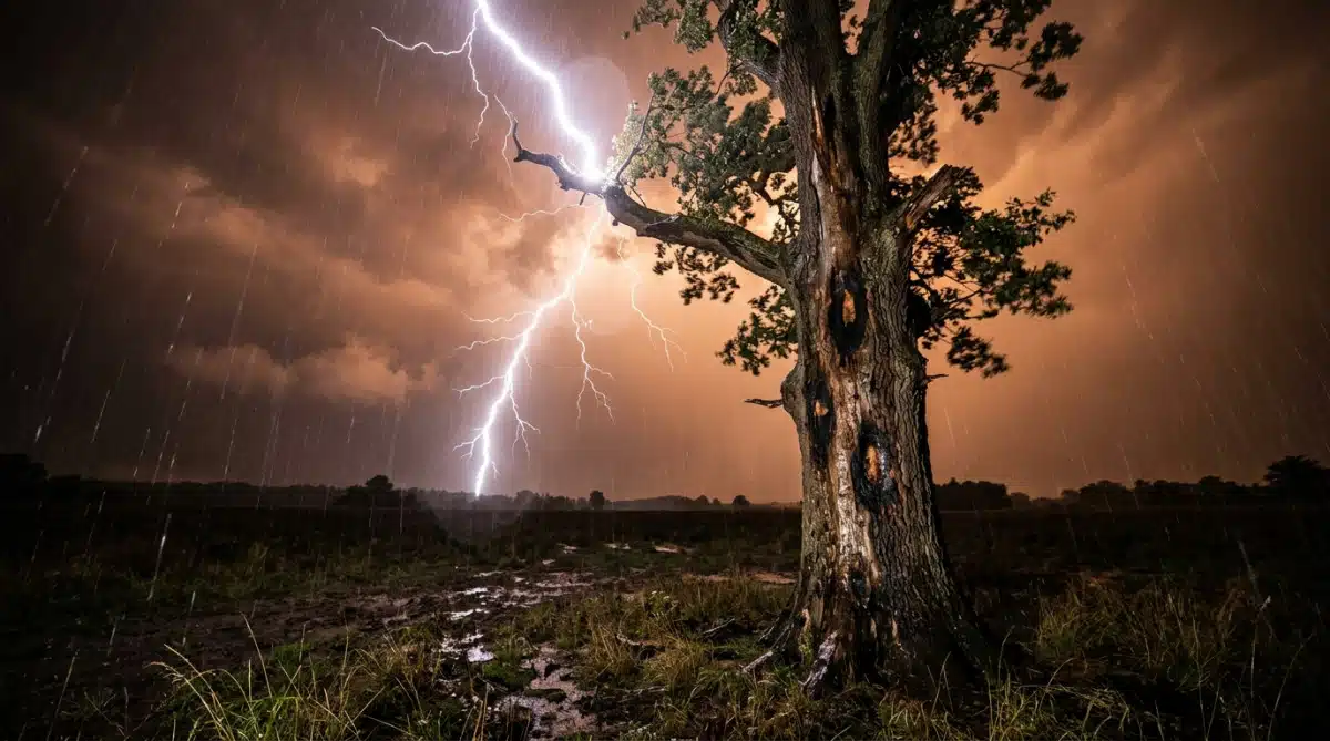 Éclair de foudre frappant un arbre isolé dans un champ