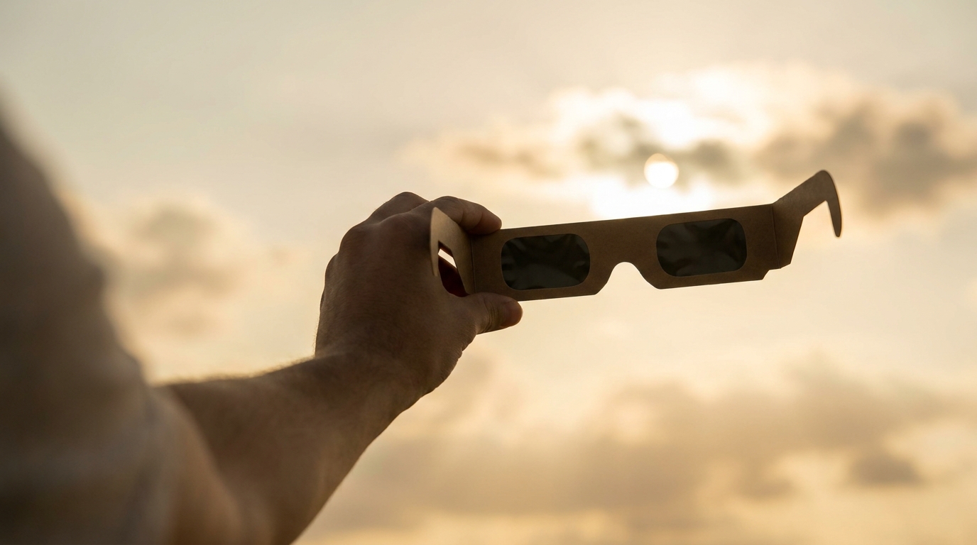 Main tenant des lunettes d'éclipse solaire devant un ciel lumineux