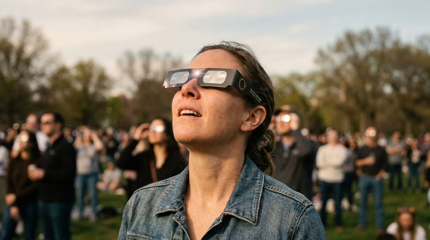 Femme portant des lunettes de protection observe une éclipse