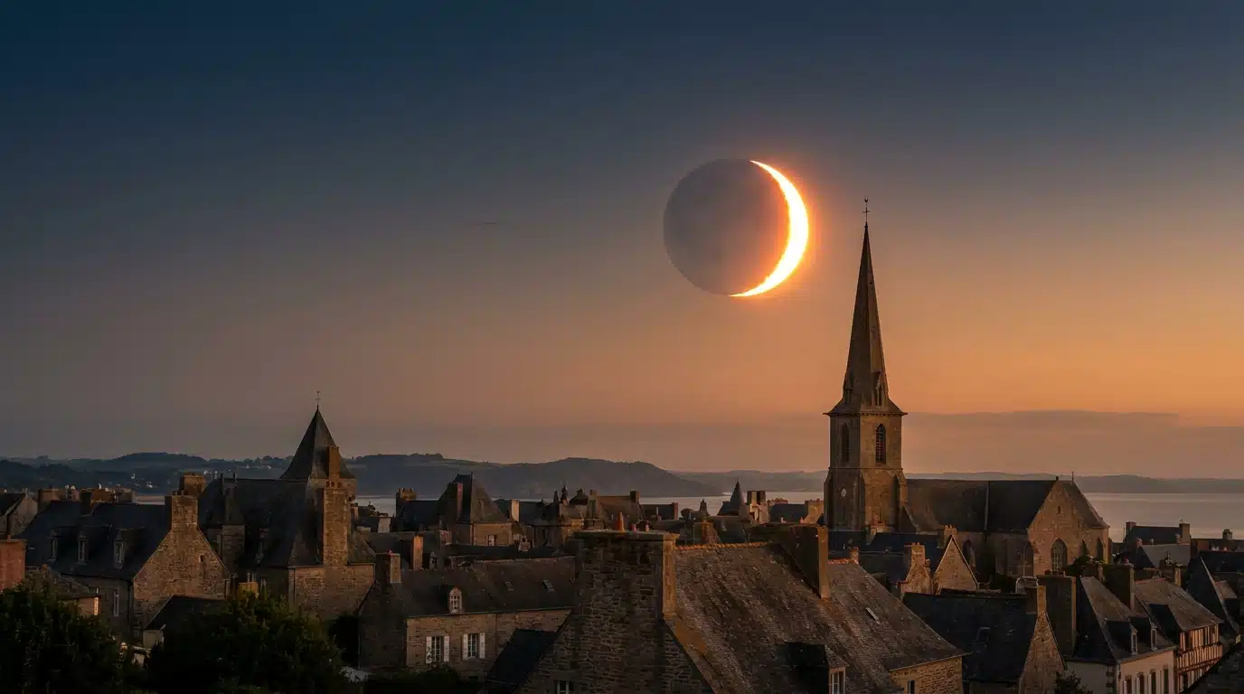 Éclipse solaire au-dessus d'une ville côtière au crépuscule