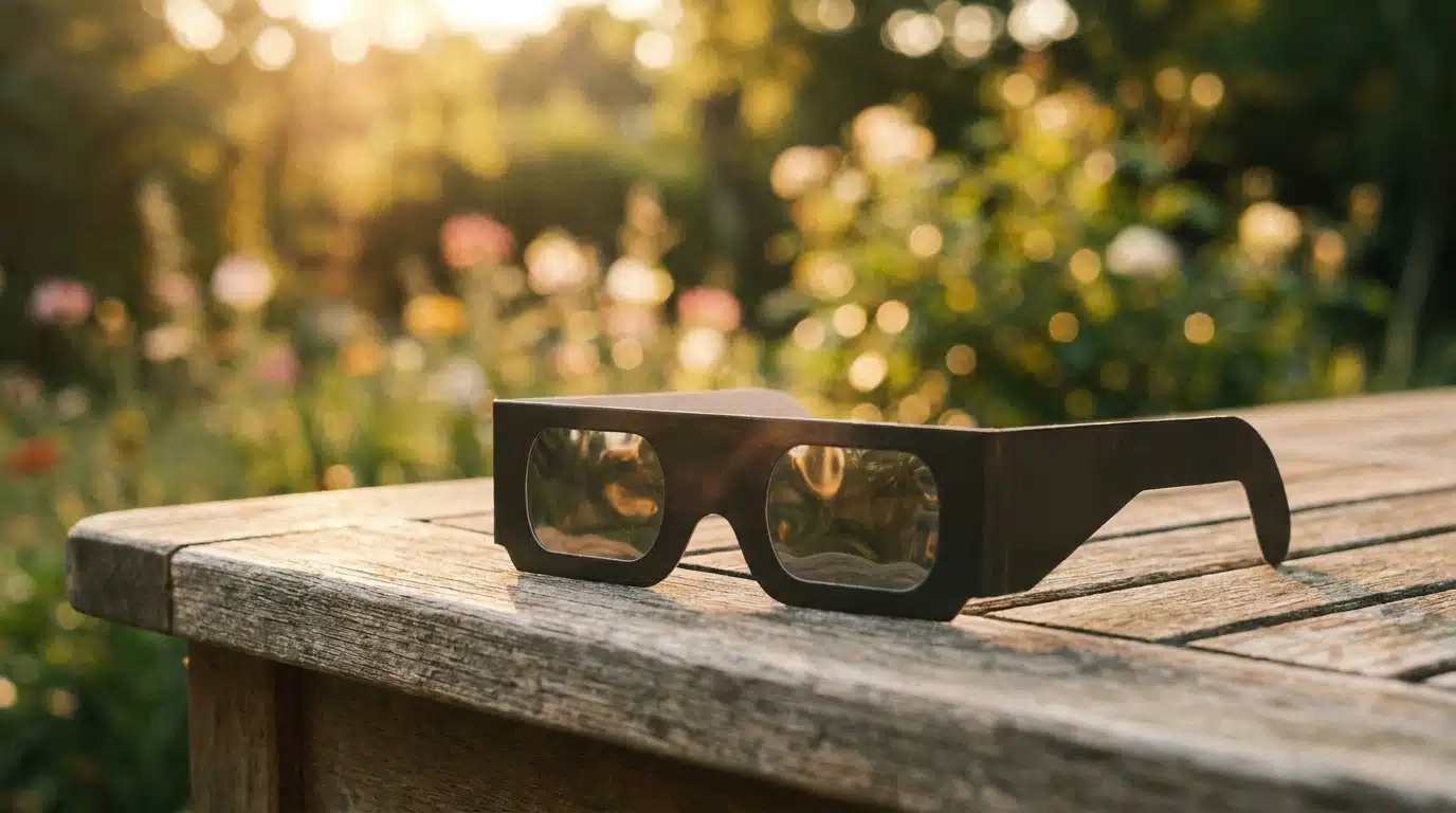 Lunettes de protection pour éclipse posées sur une table en bois
