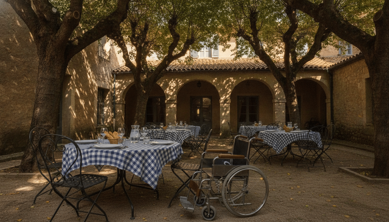Jardin ombragé d'un Ehpad avec tables de déjeuner et fauteuil roulant
